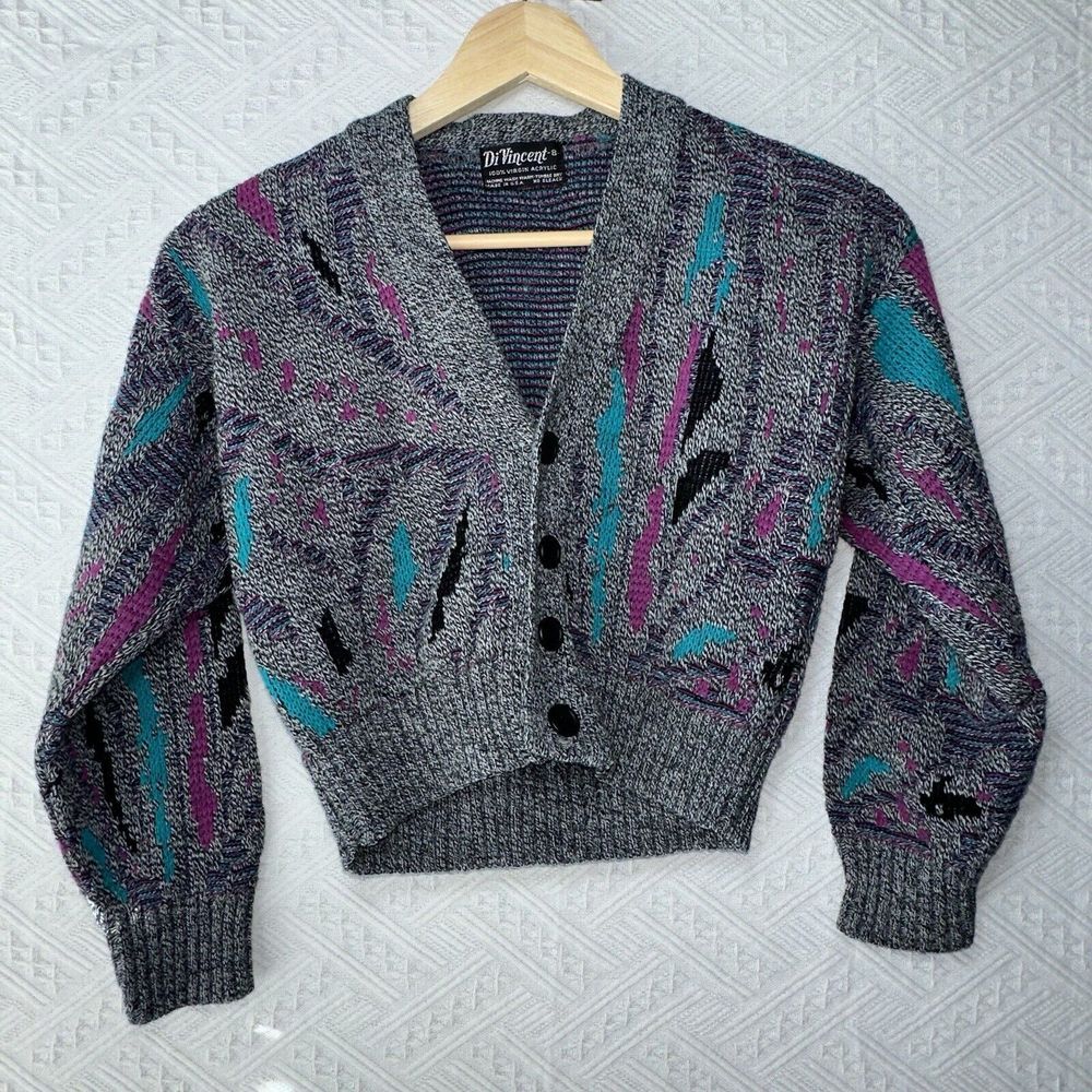 Vintage 80's Di‎ Vincent Button Up Acrylic Kids Size 8 Multicolor V-Neck Sweater